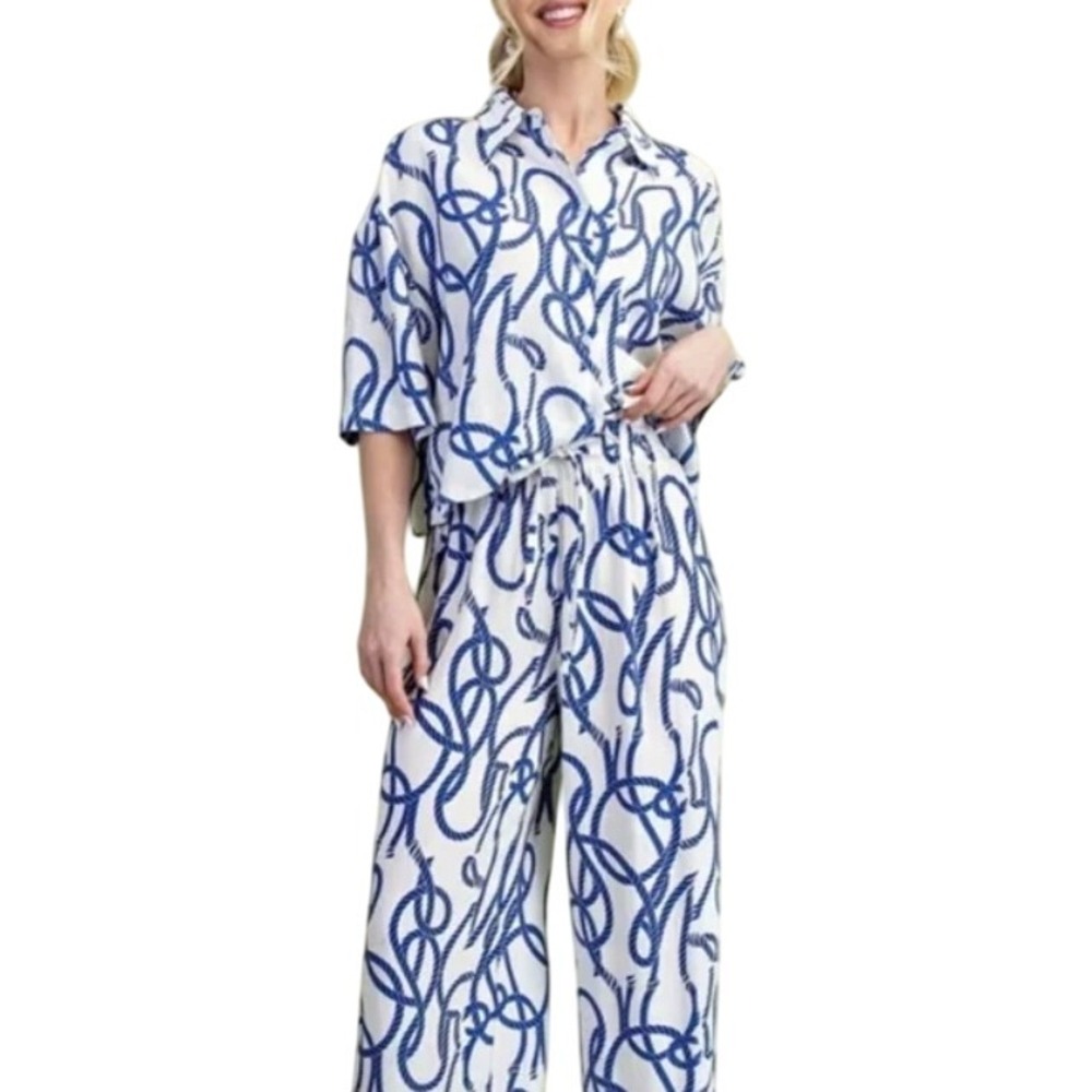 White & Blue Rope Print Short Sleeve Flowy Pantsuit